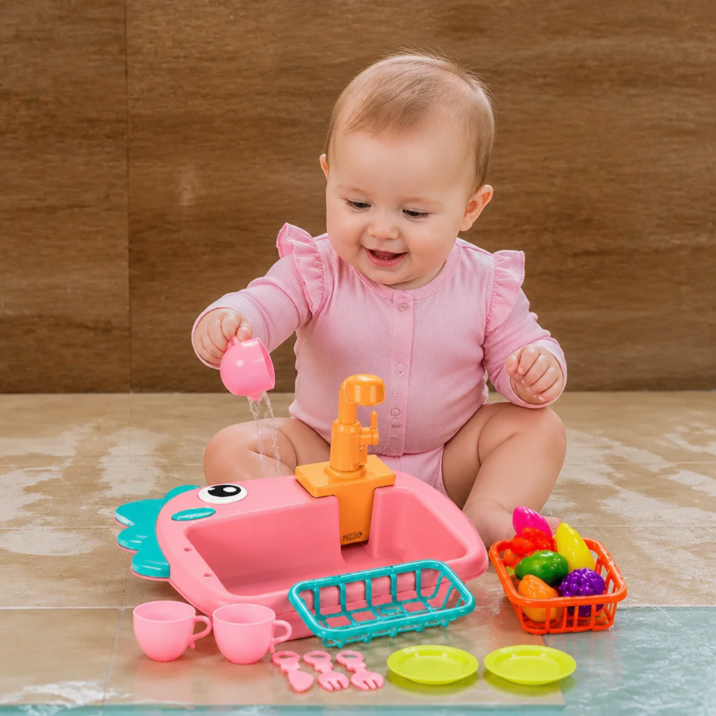 Kids Pretend Play Sink Toy with Running Tap and Dino Design