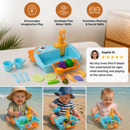 Kids Pretend Play Sink Toy with Running Tap and Dino Design