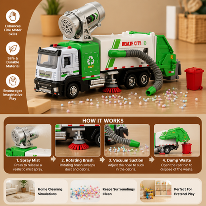 Die-Cast Street Sweeper Toy Truck with Vacuum Hose & Mist Spray