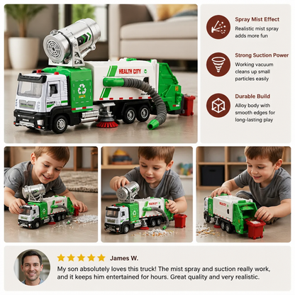 Die-Cast Street Sweeper Toy Truck with Vacuum Hose & Mist Spray