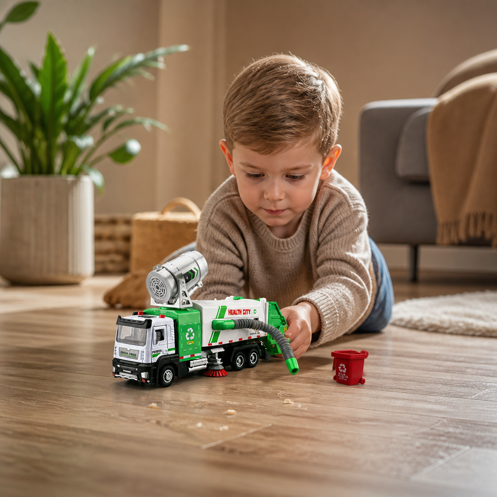 Die-Cast Street Sweeper Toy Truck with Vacuum Hose & Mist Spray