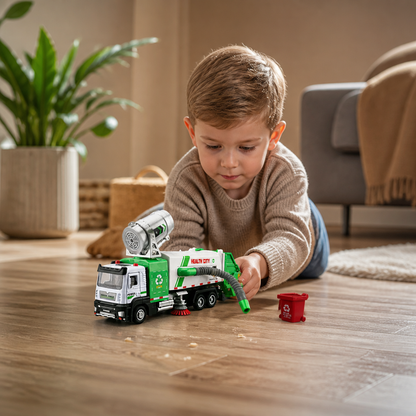Die-Cast Street Sweeper Toy Truck with Vacuum Hose & Mist Spray