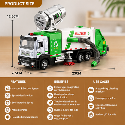 Die-Cast Street Sweeper Toy Truck with Vacuum Hose & Mist Spray