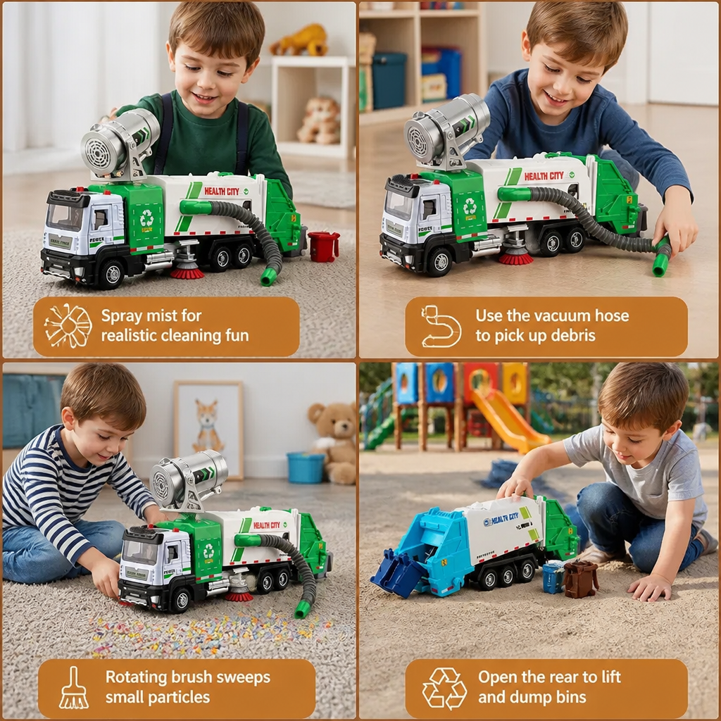 Die-Cast Street Sweeper Toy Truck with Vacuum Hose & Mist Spray