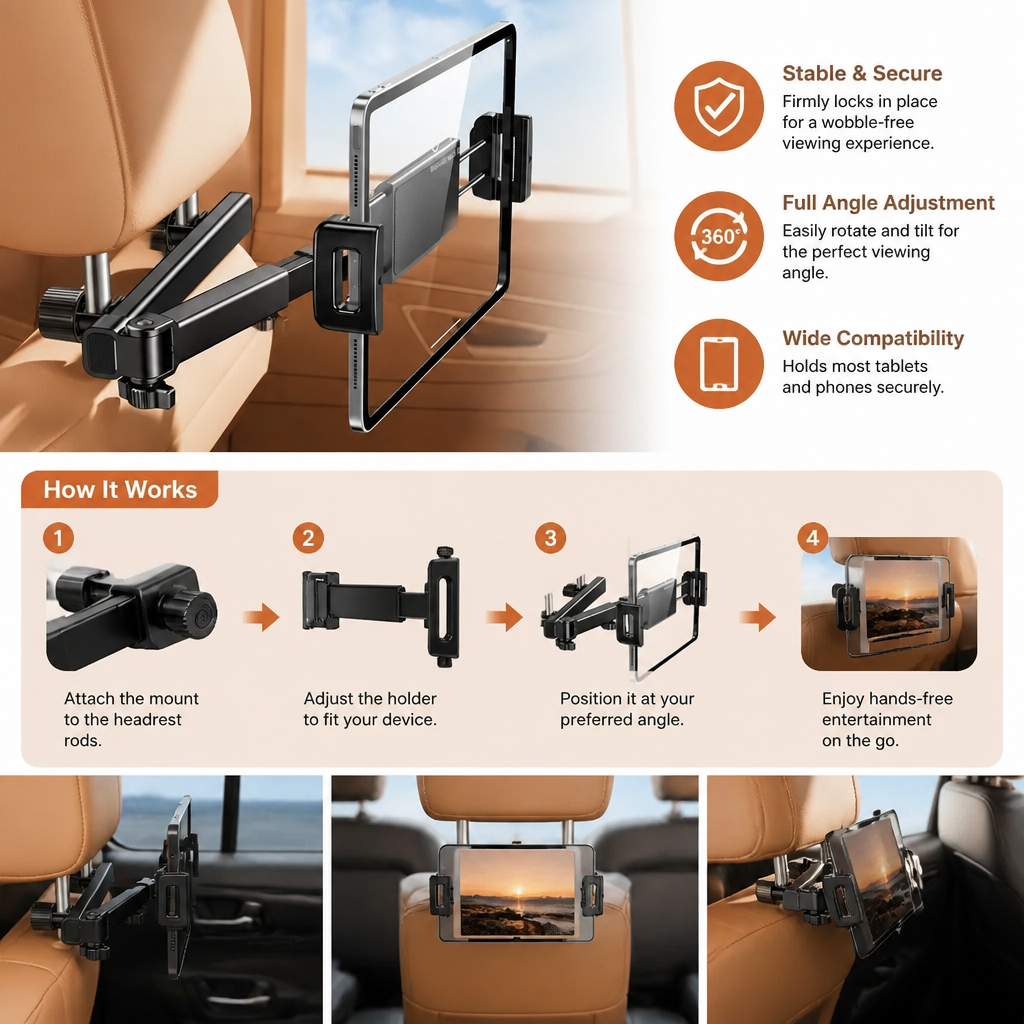 360° Rotating Car Headrest Tablet Holder – Back Seat Mount for Tablets