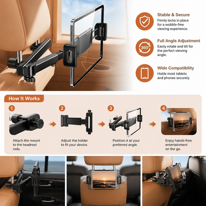 360° Rotating Car Headrest Tablet Holder – Back Seat Mount for Tablets