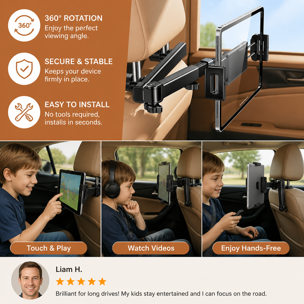 360° Rotating Car Headrest Tablet Holder – Back Seat Mount for Tablets