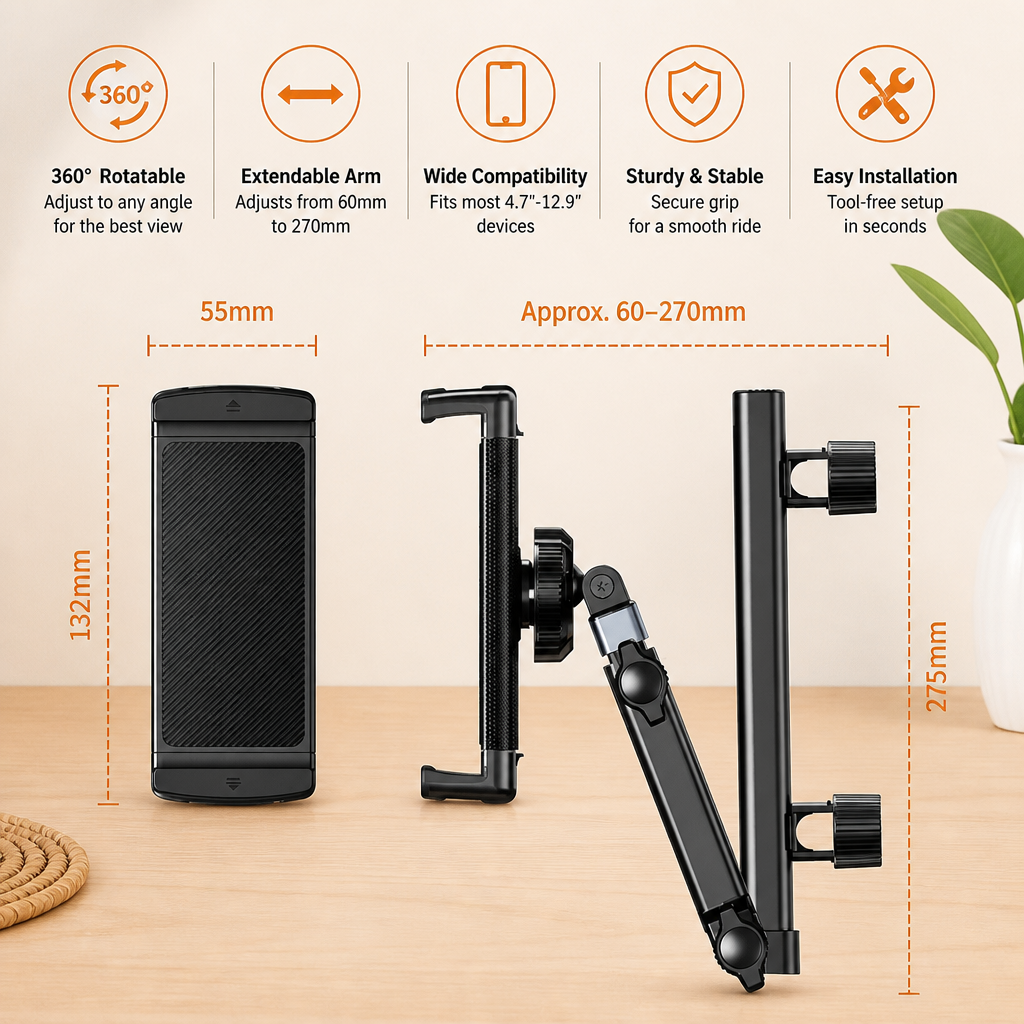 360° Rotating Car Headrest Tablet Holder – Back Seat Mount for Tablets