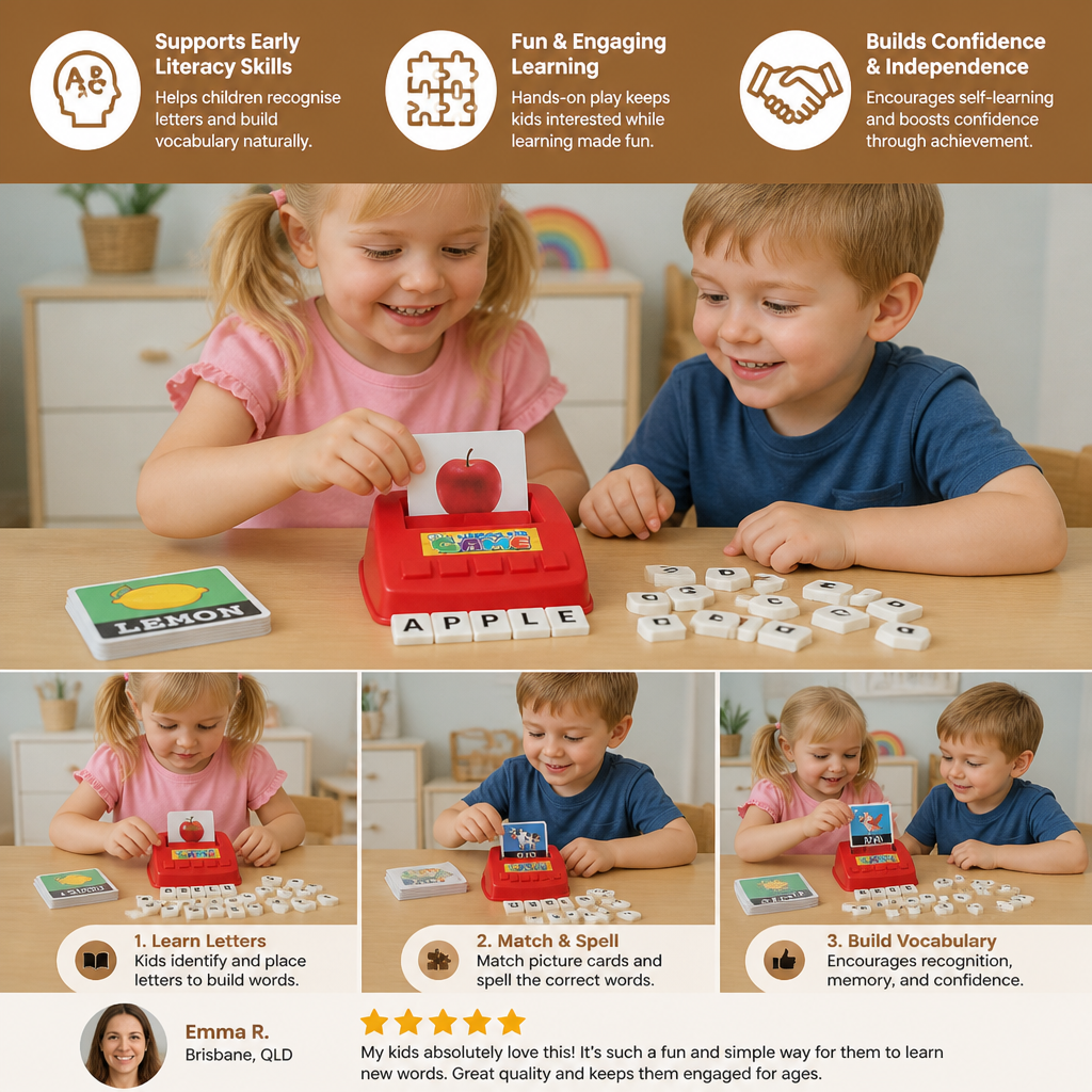Interactive Spelling & Word Matching Game – Preschool Literacy Learning Toy with Picture Cards & Letter Tiles
