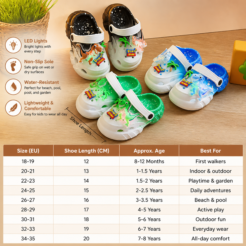 Kids’ LED Dinosaur Clogs – Light-Up Non-Slip Summer Garden & Beach Shoes