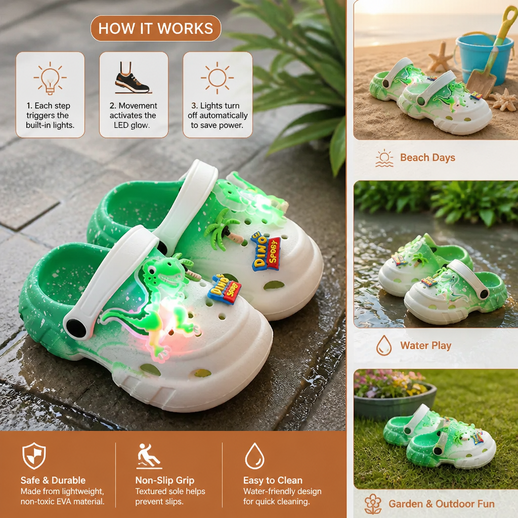Kids’ LED Dinosaur Clogs – Light-Up Non-Slip Summer Garden & Beach Shoes