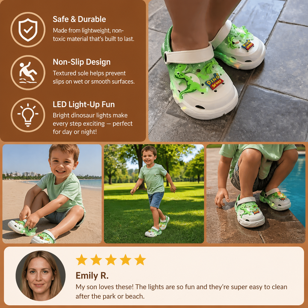 Kids’ LED Dinosaur Clogs – Light-Up Non-Slip Summer Garden & Beach Shoes