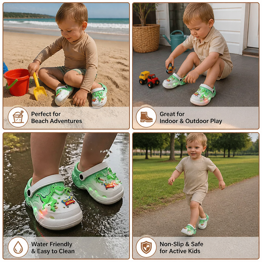 Kids’ LED Dinosaur Clogs – Light-Up Non-Slip Summer Garden & Beach Shoes