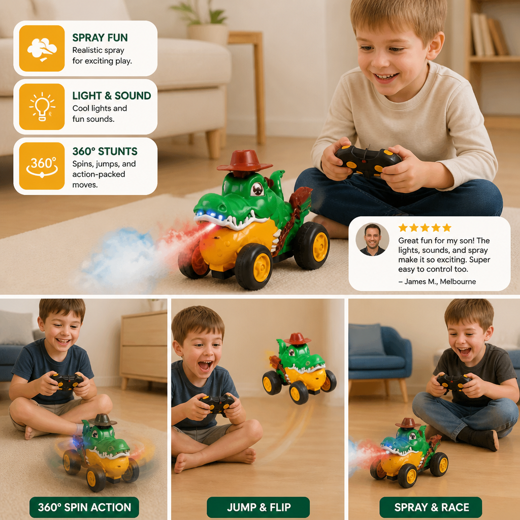 Remote Control Crocodile Stunt Car – Lights, Spray & Sound Effects