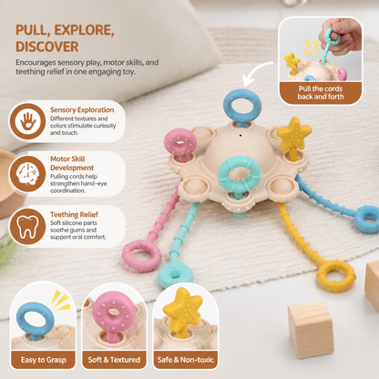Montessori Sensory Pull & Explore Teething Toy – Silicone Pull Cord for Tactile Learning & Gum Relief