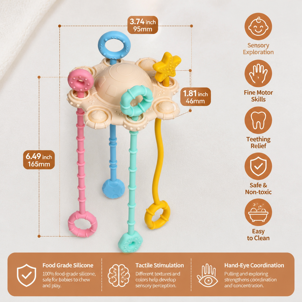 Montessori Sensory Pull & Explore Teething Toy – Silicone Pull Cord for Tactile Learning & Gum Relief