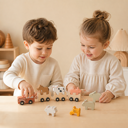 Wooden Farm Animal Train – Toy with Flexible Wheels for Children