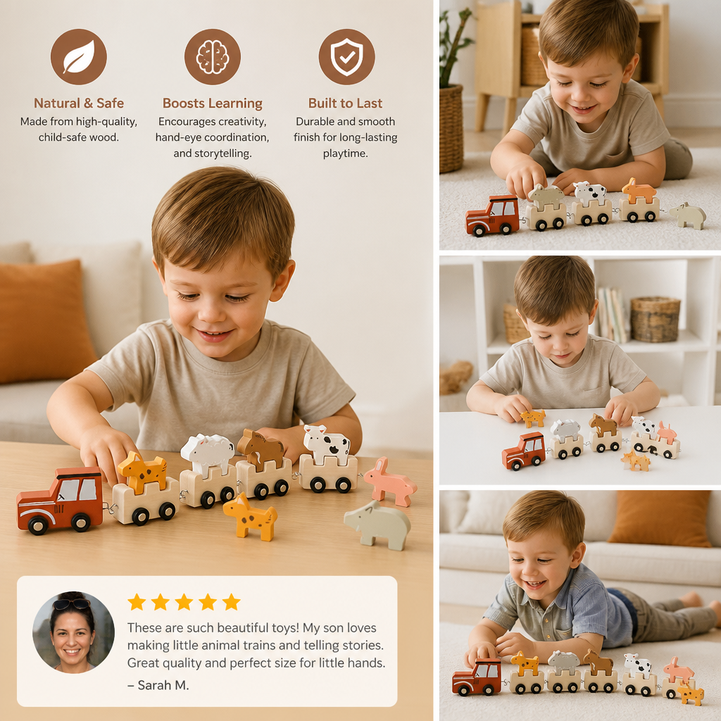 Wooden Farm Animal Train – Toy with Flexible Wheels for Children