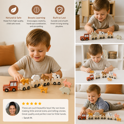 Wooden Farm Animal Train – Toy with Flexible Wheels for Children