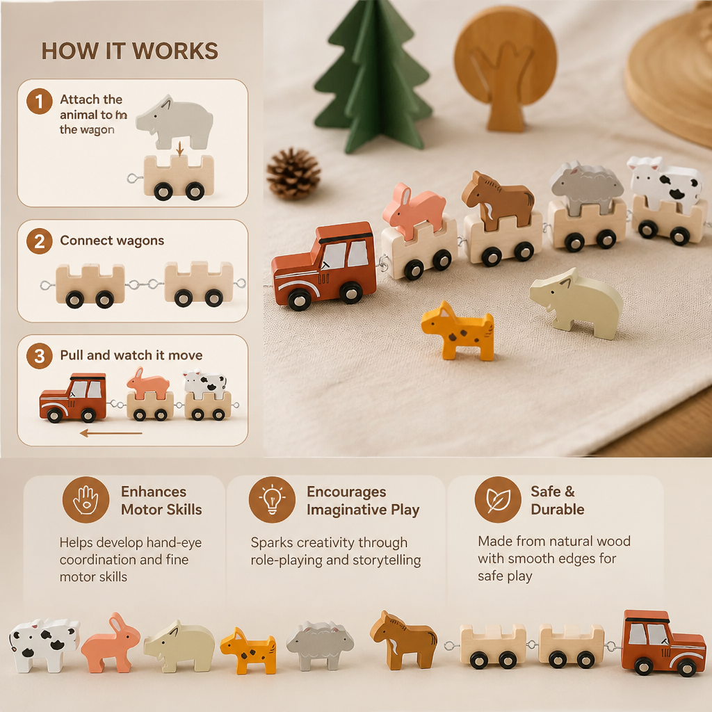 Wooden Farm Animal Train – Toy with Flexible Wheels for Children