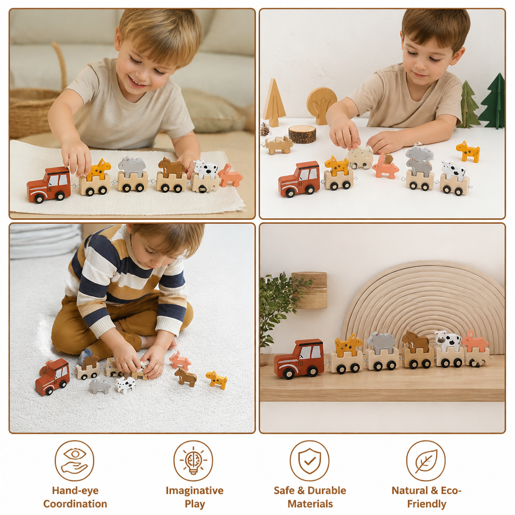 Wooden Farm Animal Train – Toy with Flexible Wheels for Children