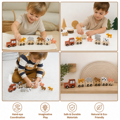 Wooden Farm Animal Train – Toy with Flexible Wheels for Children