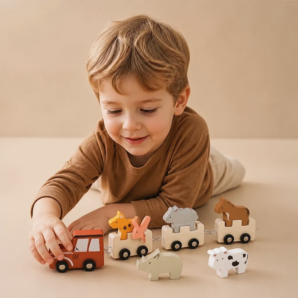 Wooden Farm Animal Train – Toy with Flexible Wheels for Children