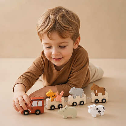 Wooden Farm Animal Train – Toy with Flexible Wheels for Children