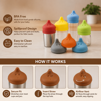 BPA-Free Spillproof Silicone Sippy Cup Lids with Straw