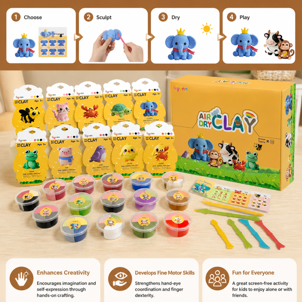 12-Piece Air Dry Clay Animal Craft Kit for Kids