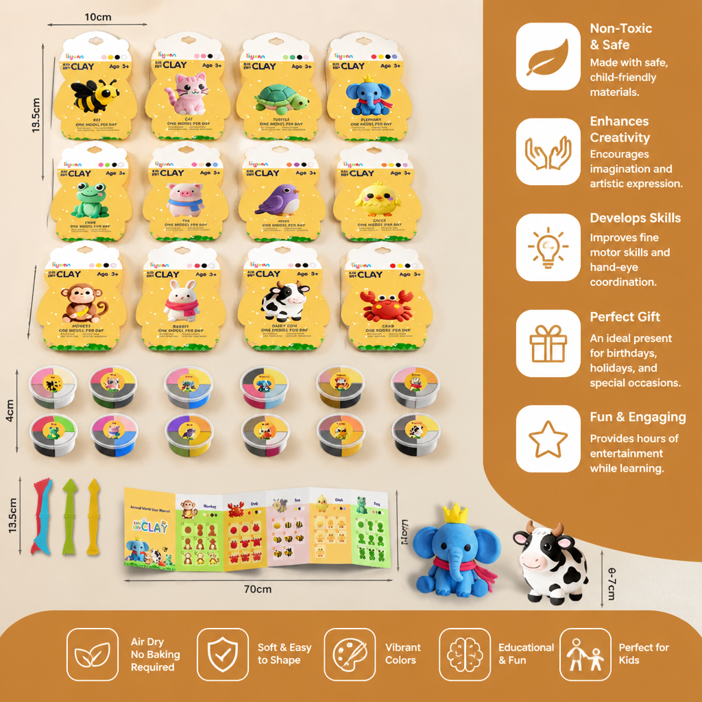 12-Piece Air Dry Clay Animal Craft Kit for Kids