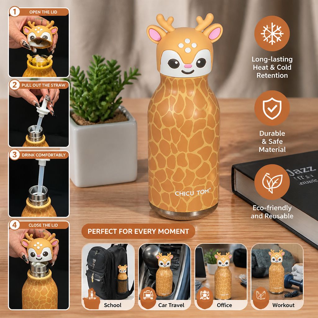 Cute Cartoon Animal Insulated Stainless Steel Straw Cup – 480ml