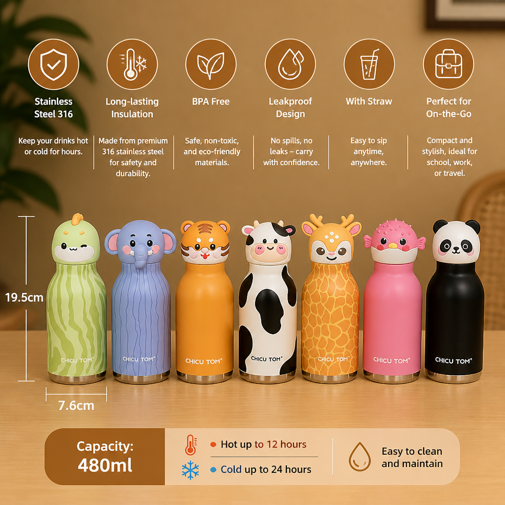 Cute Cartoon Animal Insulated Stainless Steel Straw Cup – 480ml