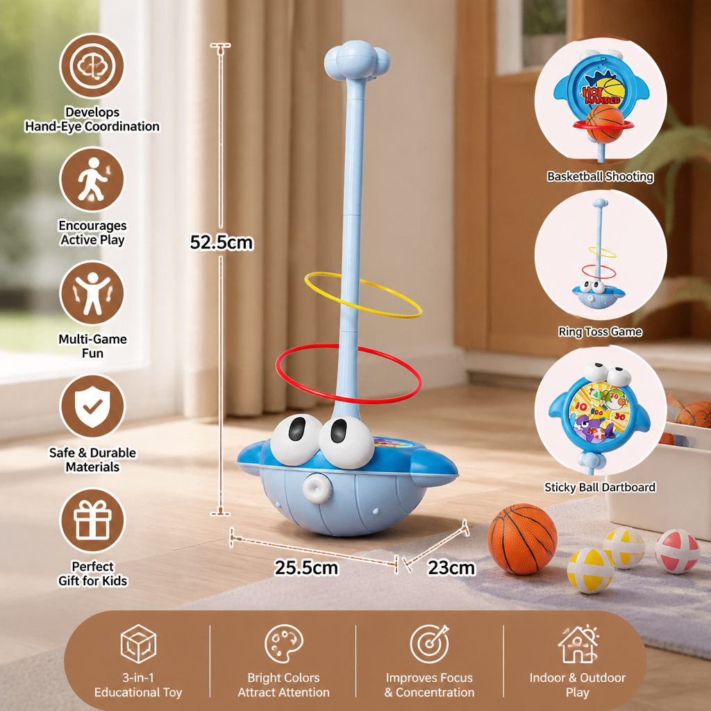 3-in-1 Educational Activity Game – Ring Toss, Basketball & Sticky Ball