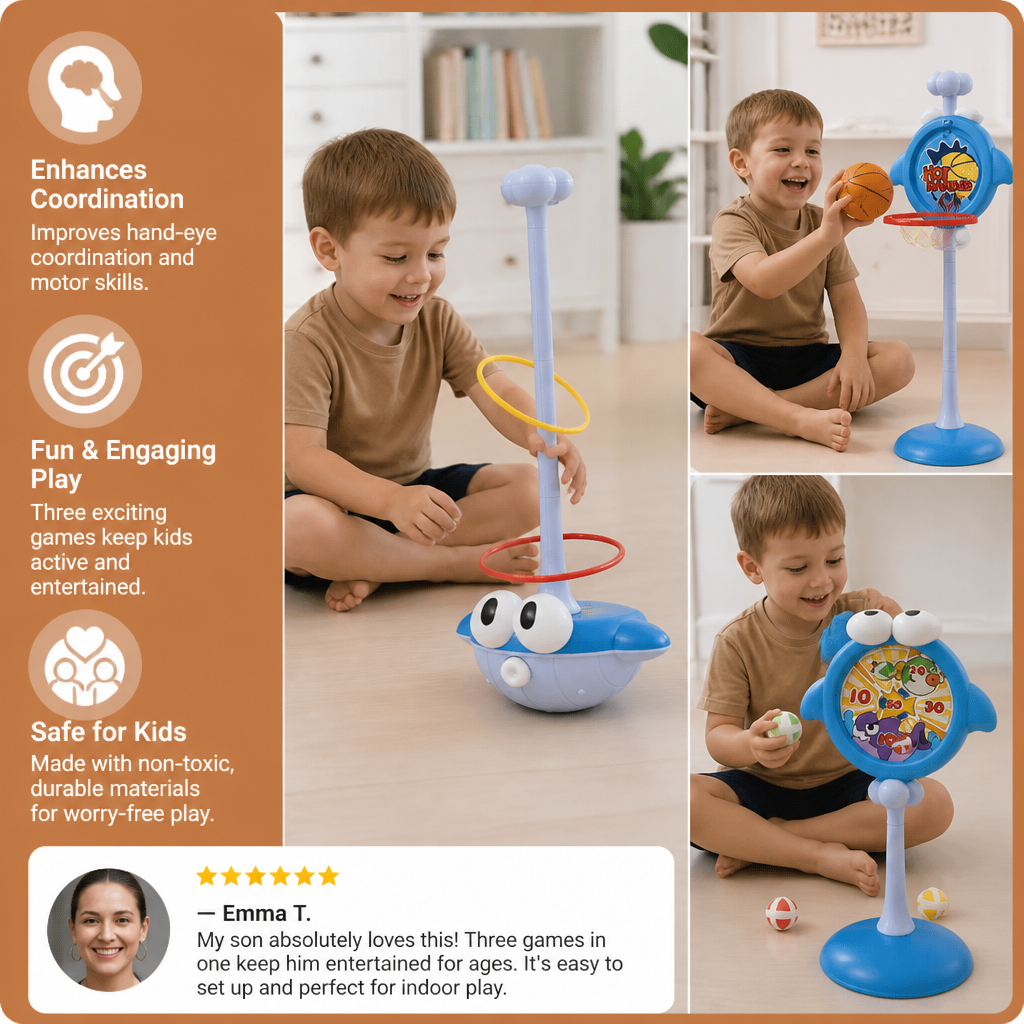 3-in-1 Educational Activity Game – Ring Toss, Basketball & Sticky Ball