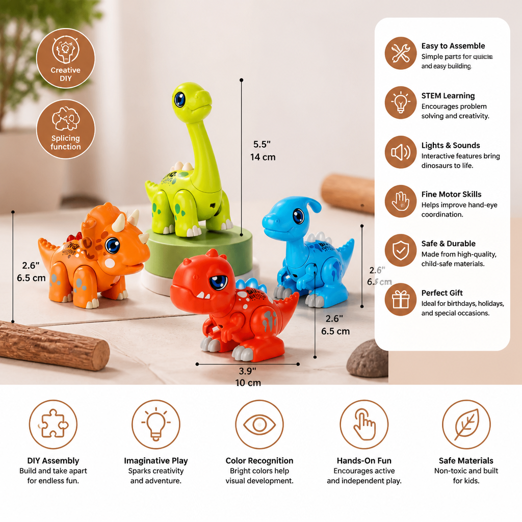 Easy-Assembly STEM Learning Dinosaur Toy with Lights & Sounds
