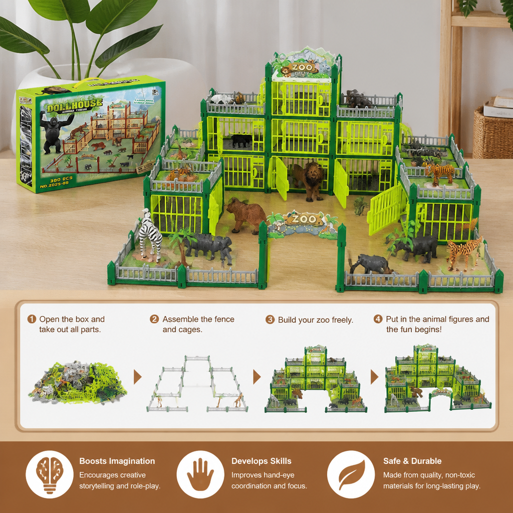 Modular Build-Your-Own Zoo Playset with Animal Figures & Interactive Cages