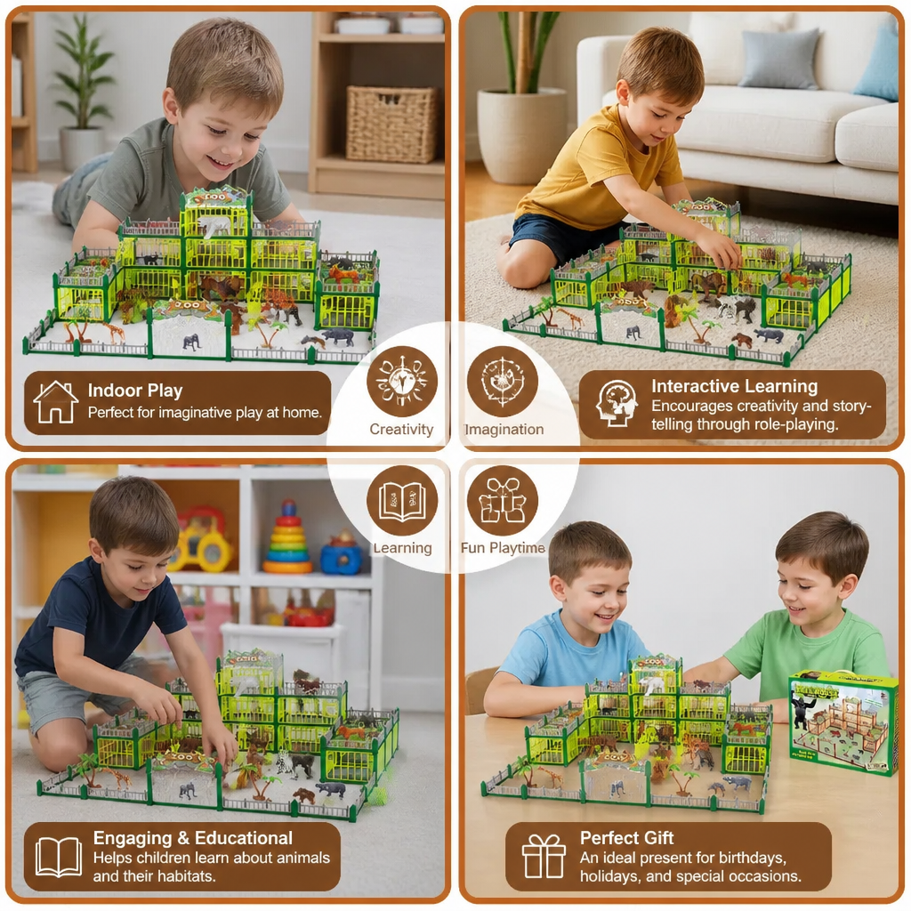 Modular Build-Your-Own Zoo Playset with Animal Figures & Interactive Cages