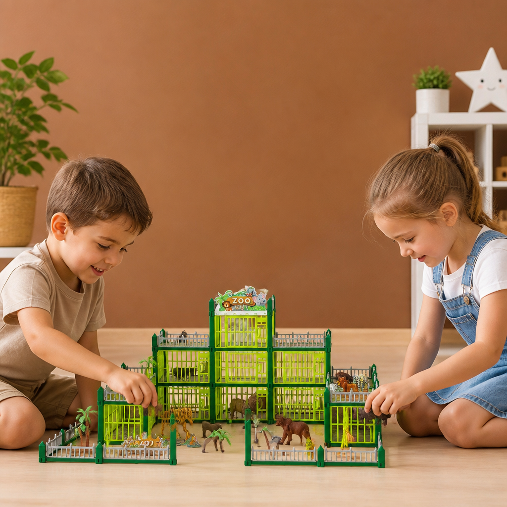 Modular Build-Your-Own Zoo Playset with Animal Figures & Interactive Cages
