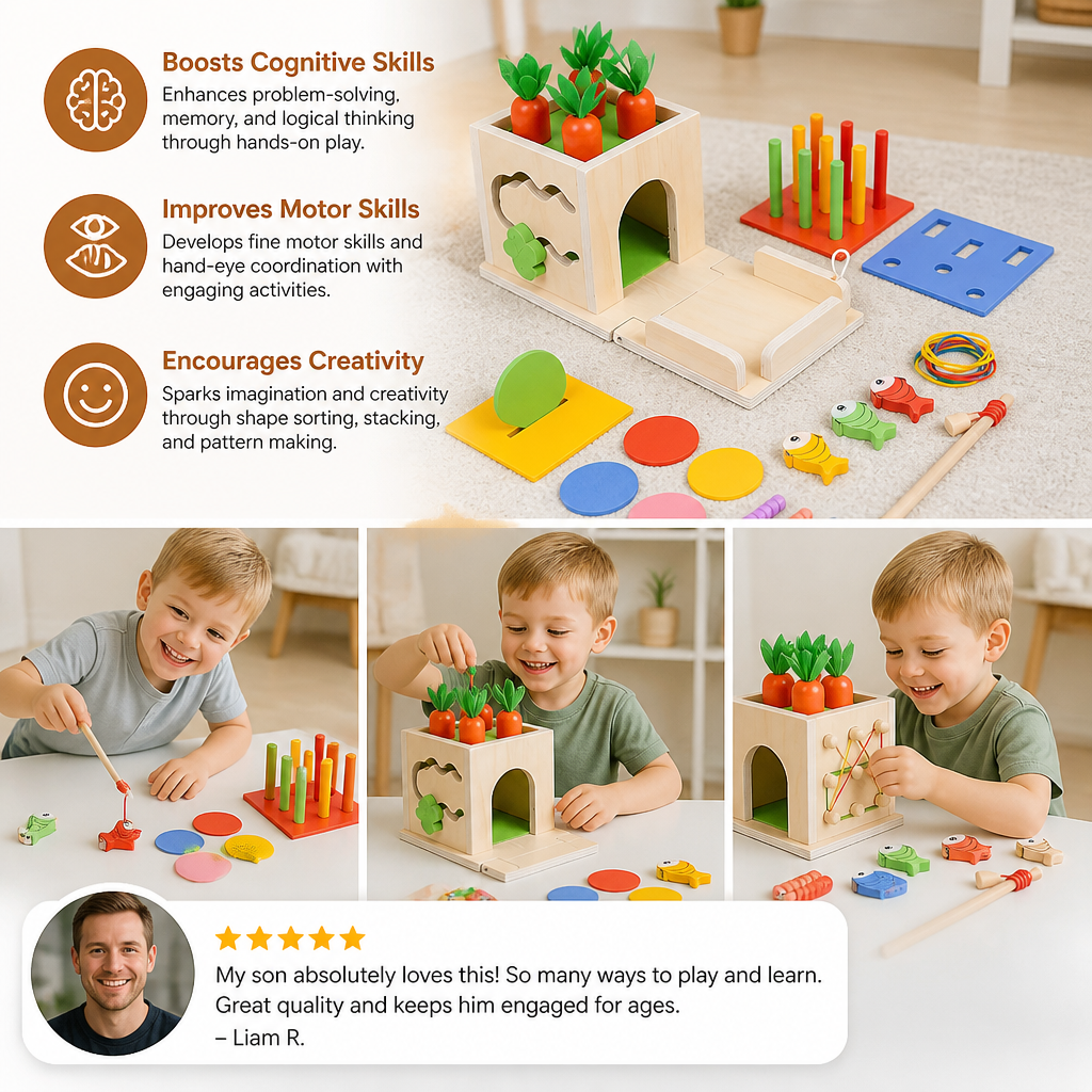 6-in-1 Montessori Wooden Shapes and Figures Educational Cube