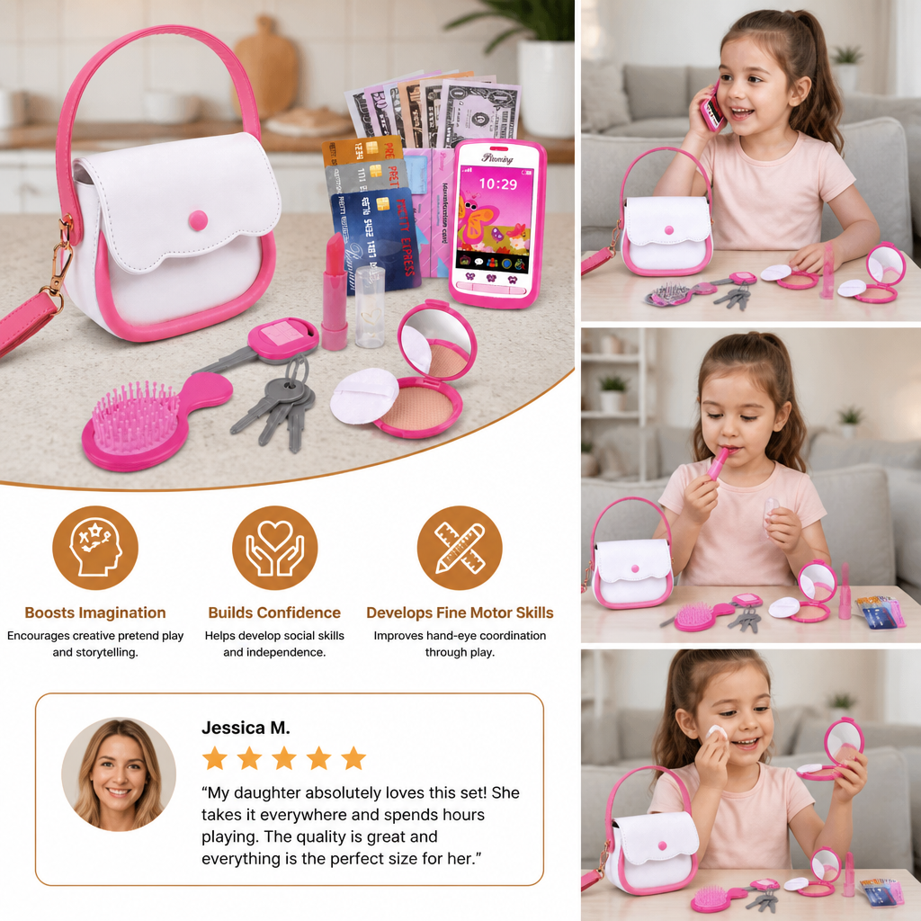 Kids Pretend Play Handbag Set with Phone, Makeup & Accessories