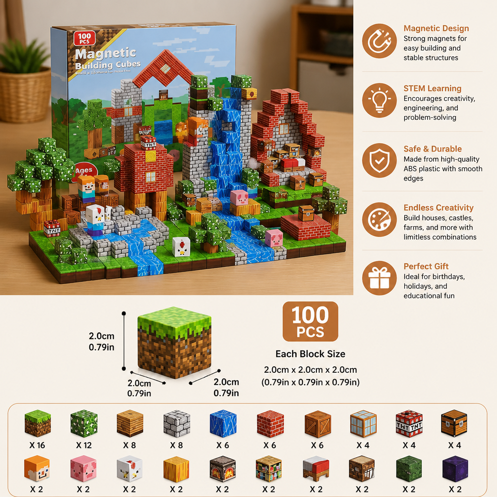 100-Piece Magnetic Building Cube Set – Montessori STEM Construction Toy for Kids