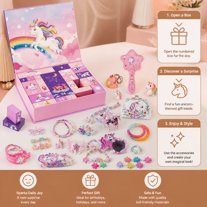24-Day Unicorn Advent Calendar with Hair Accessories, Stickers & Surprise Gifts