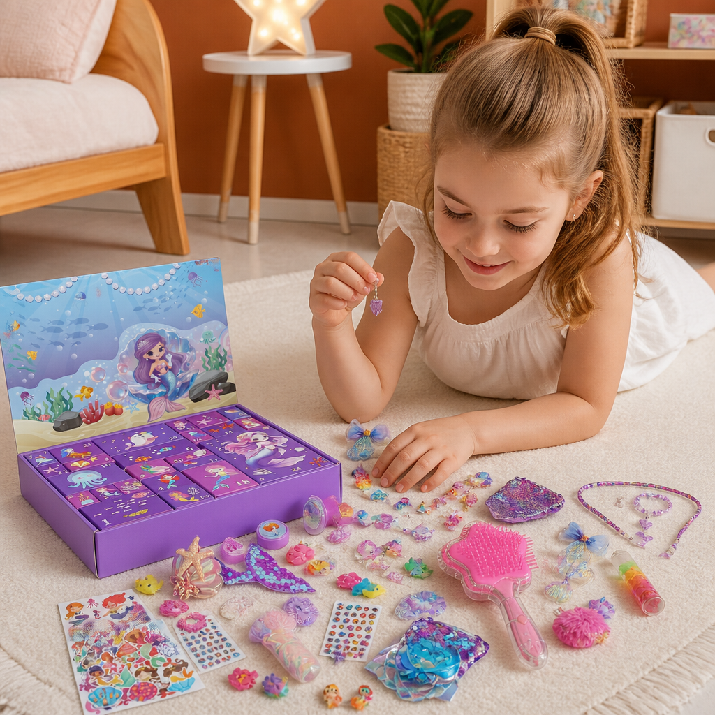 24-Day Mermaid Advent Calendar with Hair Accessories, Stickers & Surprise Gifts