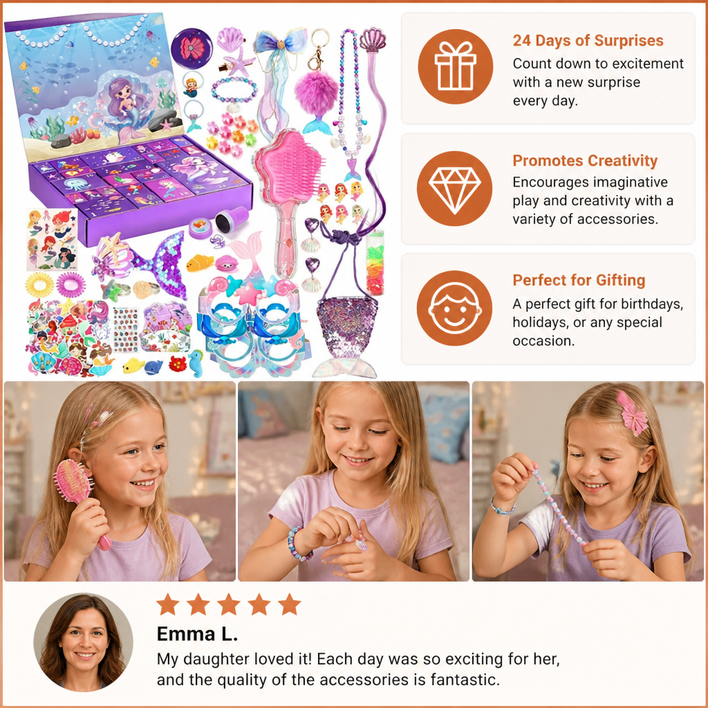 24-Day Mermaid Advent Calendar with Hair Accessories, Stickers & Surprise Gifts
