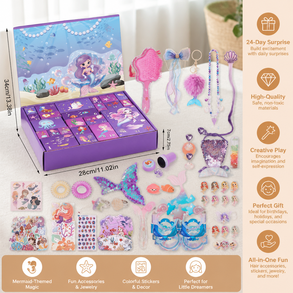 24-Day Mermaid Advent Calendar with Hair Accessories, Stickers & Surprise Gifts