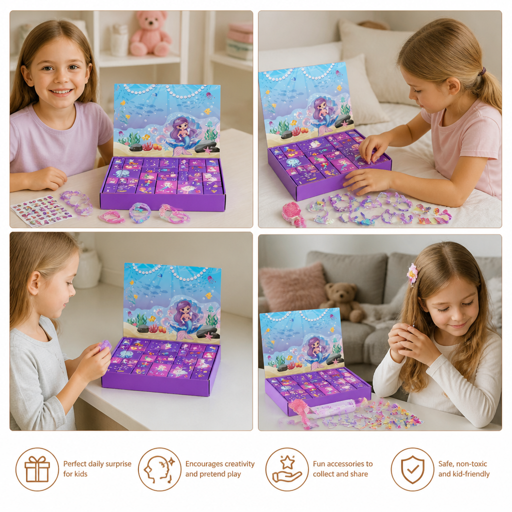24-Day Mermaid Advent Calendar with Hair Accessories, Stickers & Surprise Gifts