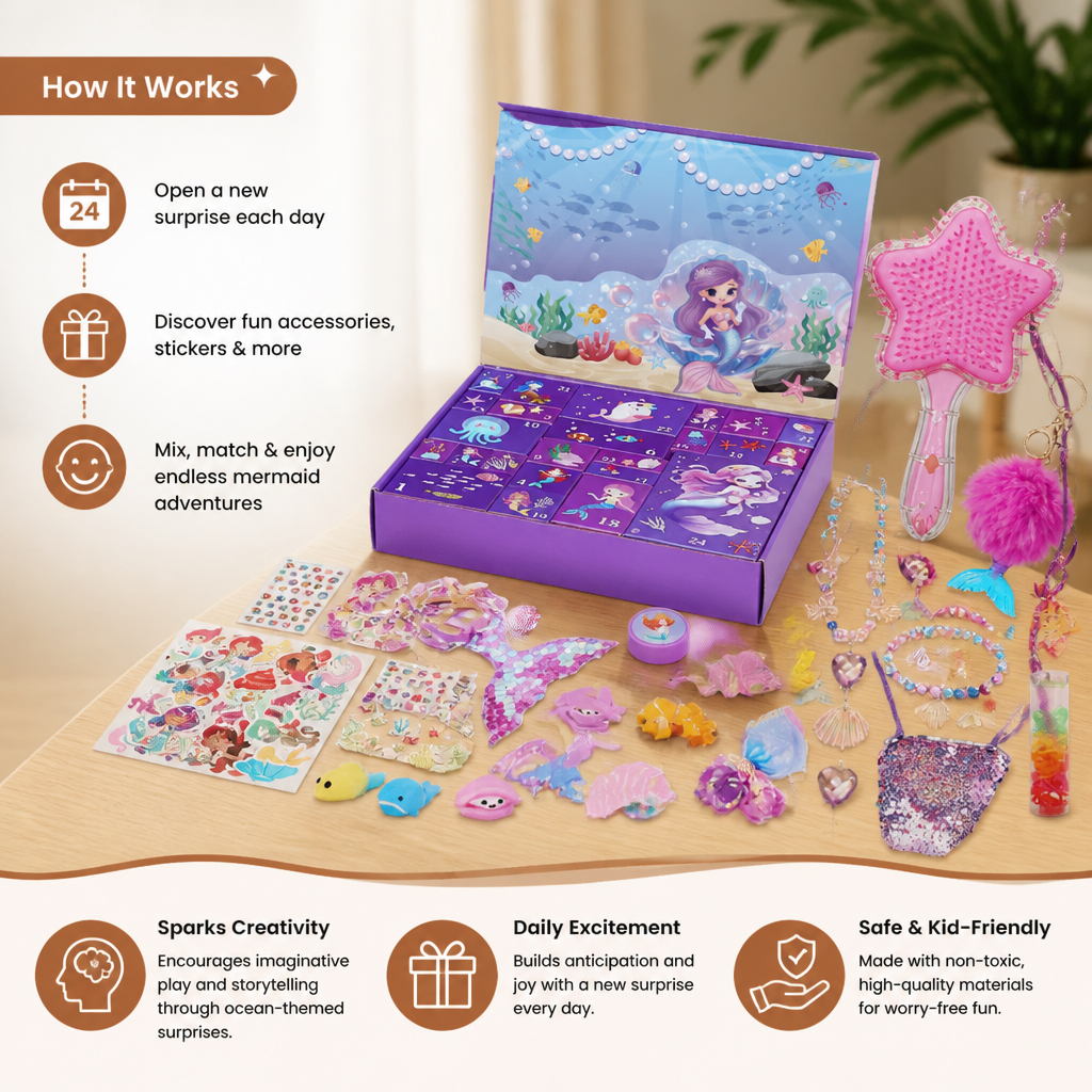 24-Day Mermaid Advent Calendar with Hair Accessories, Stickers & Surprise Gifts