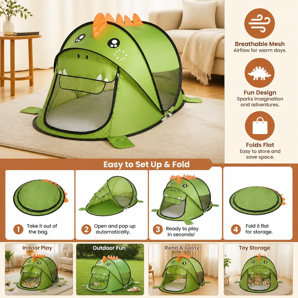 Foldable Dino Play Tent for Kids – Perfect for Warm Days & Cozy Playtime