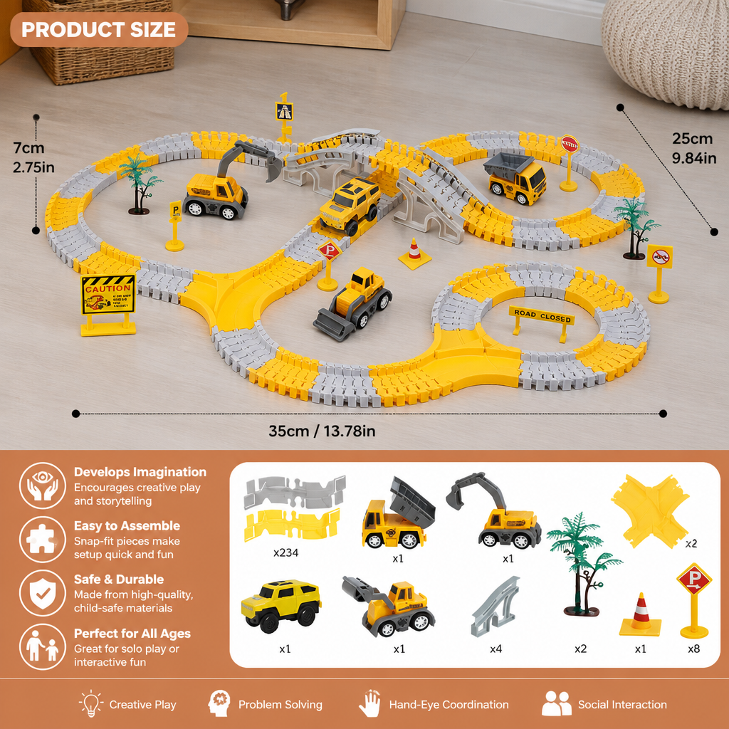 Construction Truck Race Track Playset with Bridge, Vehicles & Road Signs